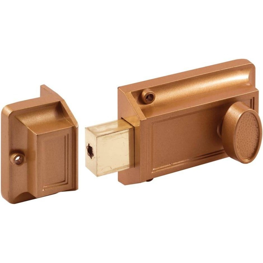 Prime-Line U9956 Single Cylinder Rim Deadlatch, Diecast, Brass, Night Lock, 2 Ke